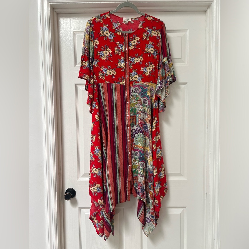 Umgee Womens Boho Patchwork Handkerchief Hem Midi Maxi Button Dress Size Large